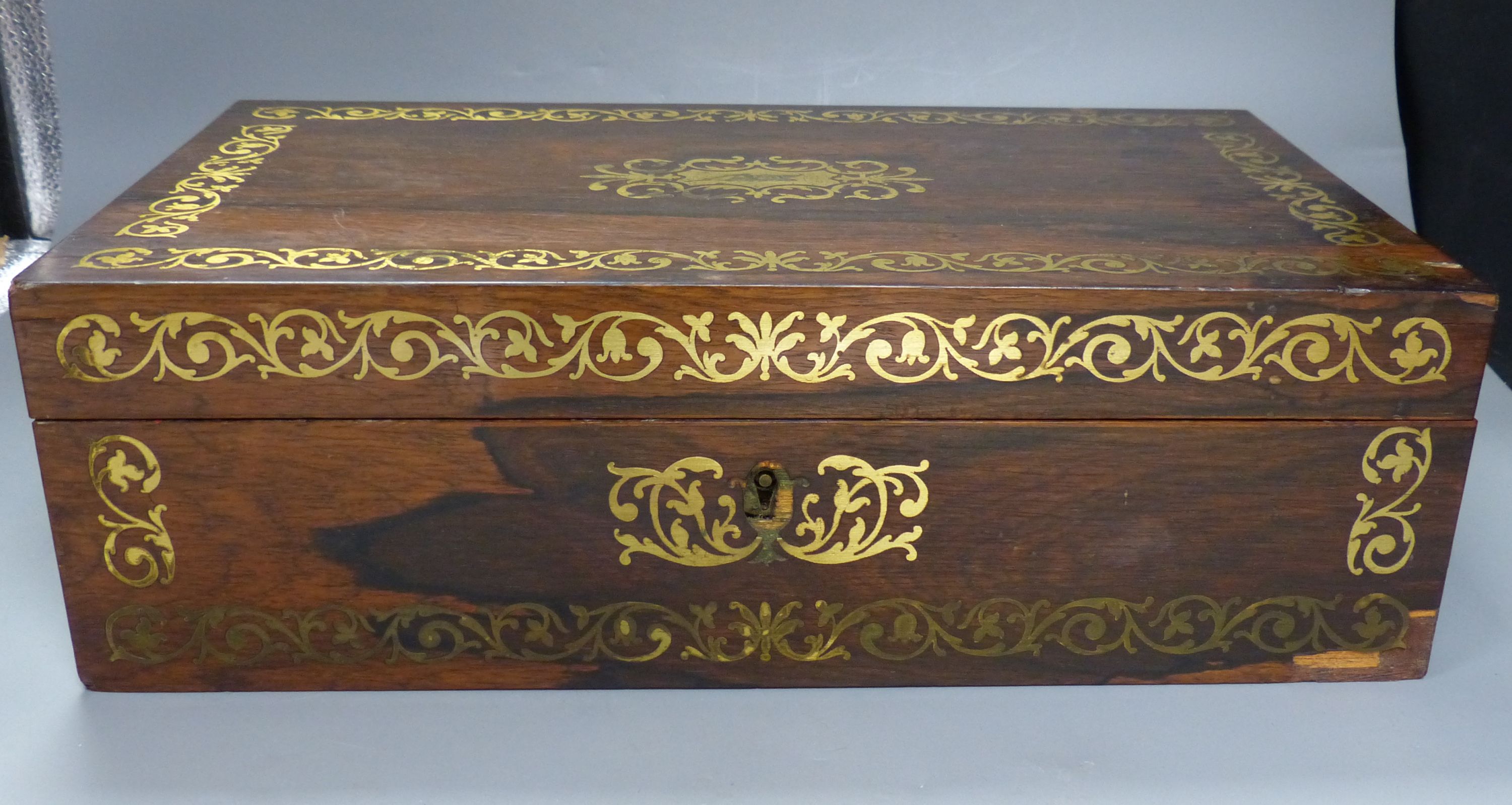 A Regency brass inlaid rosewood writing slope, length 41cm